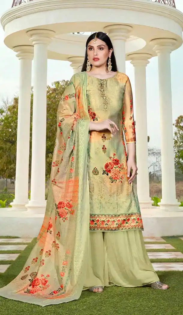 Pista Green Color Jam Silk Cotton Evening Party Wear Palazzo Salwar Suit -804698203