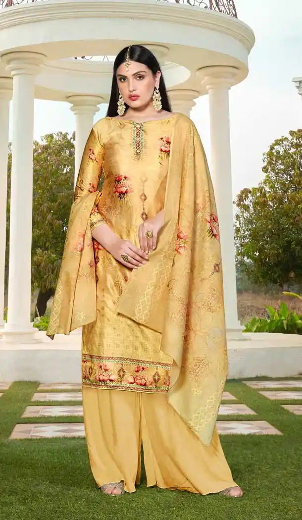 Yellow Color Jam Silk Cotton Evening Party Wear Palazzo Salwar Suit -804698204
