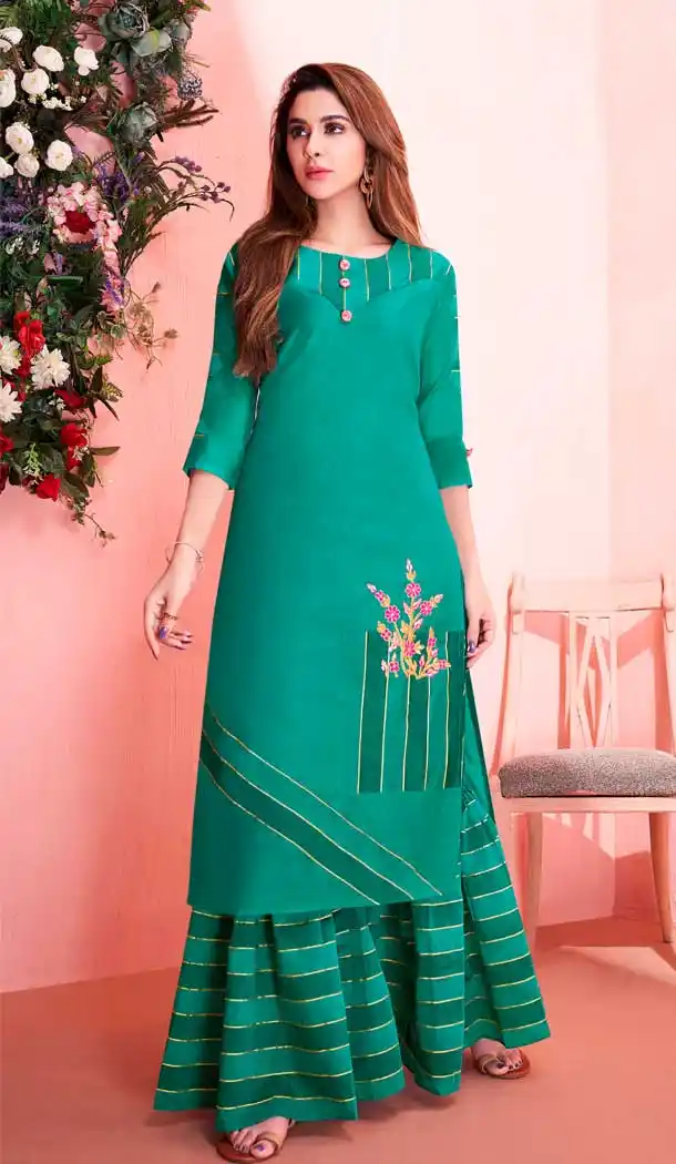 Green Color Pure Model Silk Party Wear Readymade Kurti with Palazzo -803398092