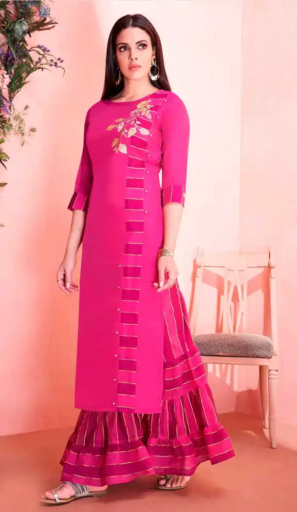 Rani Pink Color Pure Model Silk Party Wear Readymade Kurti with Palazzo -803398093