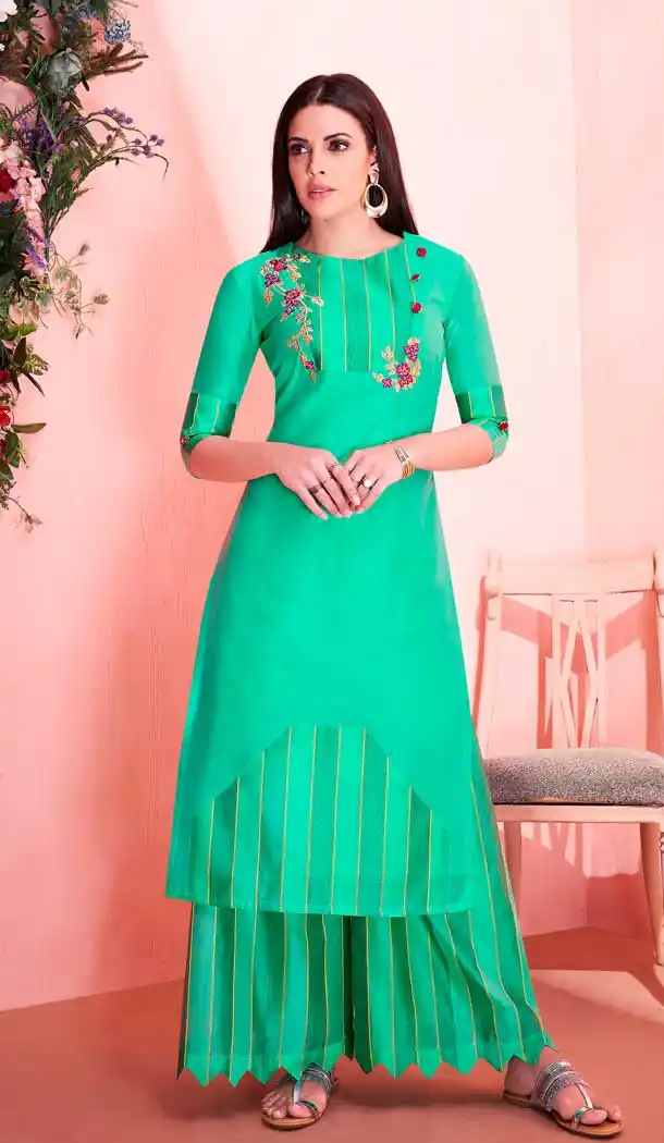 Light Green Color Pure Model Silk Party Wear Readymade Kurti with Palazzo -803398094