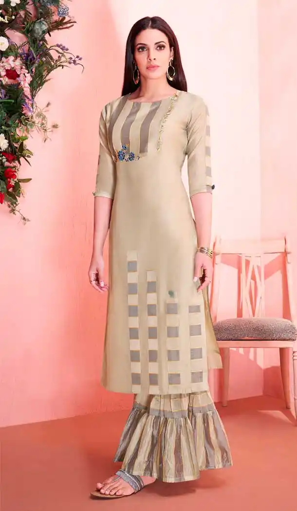 Beige Color Pure Model Silk Party Wear Readymade Kurti with Palazzo -803398095