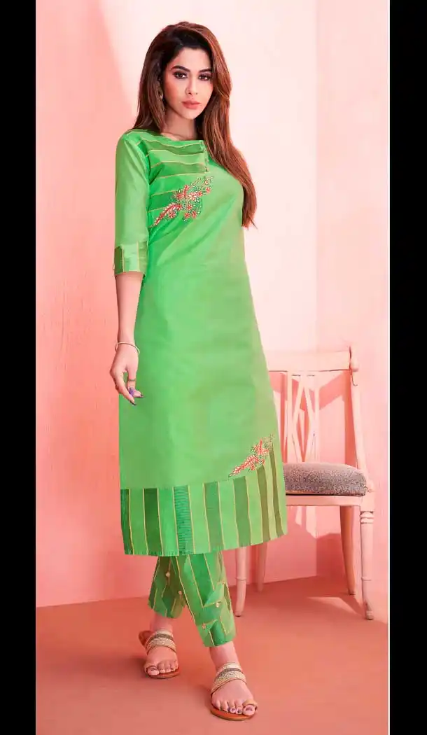Ethnic Green Color Pure Model Silk Party Wear Readymade Kurti with Palazzo -803398096