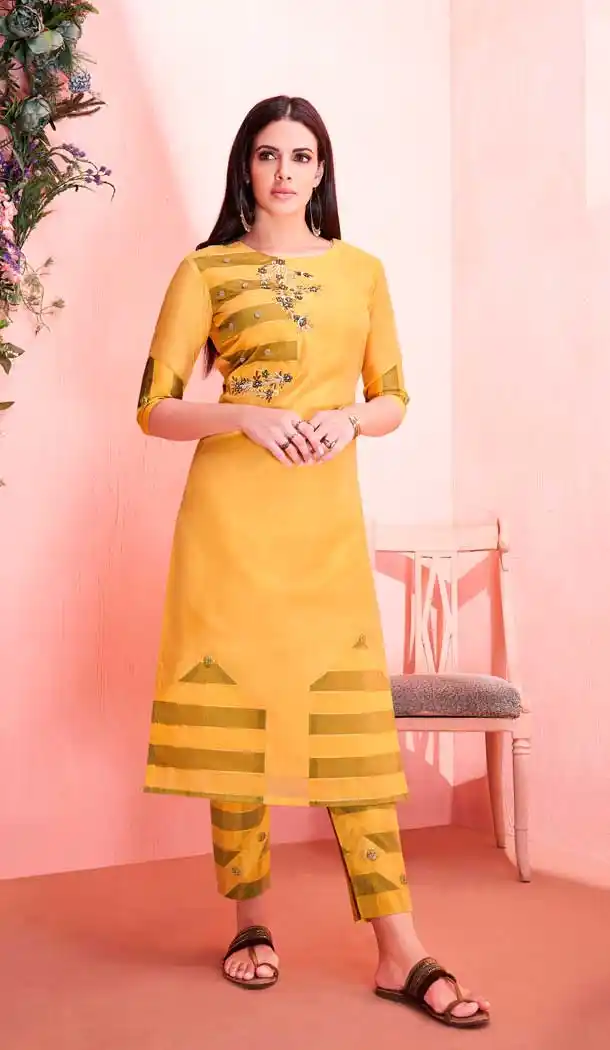 Yellow Color Pure Model Silk Party Wear Readymade Kurti with Palazzo -803398098