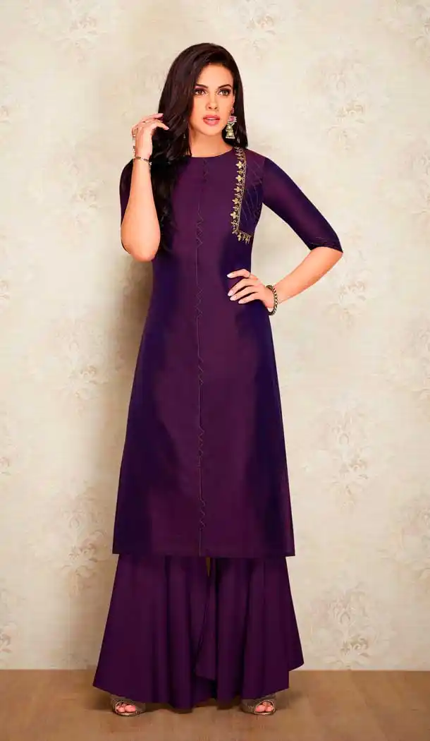 Purple Color Pure Viscos Silk Party Wear Readymade Kurti with Palazzo -803498101