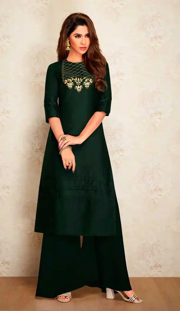 Dark Green Color Pure Viscos Silk Party Wear Readymade Kurti with Palazzo -803498102