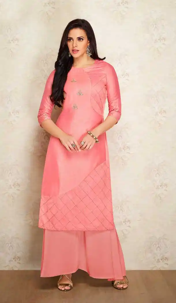 Light Pink Color Pure Viscos Silk Party Wear Readymade Kurti with Palazzo -803498103