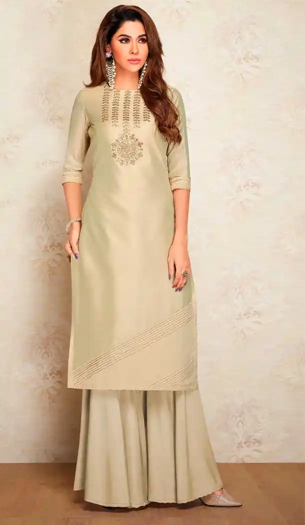 Beige Color Pure Viscos Silk Party Wear Readymade Kurti with Palazzo -803498105