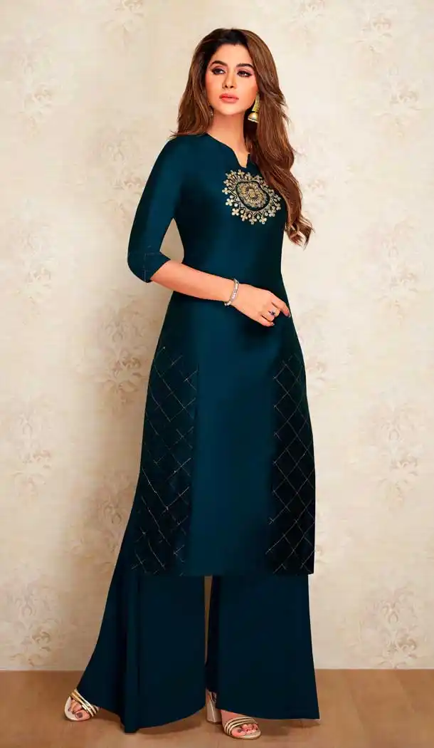 Navy Blue Color Pure Viscos Silk Party Wear Readymade Kurti with Palazzo -803498106