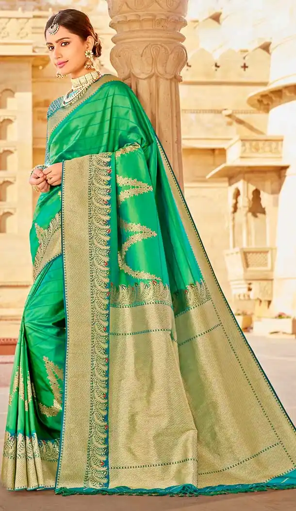 Styled Green Color Banarasi Silk Designer Traditional Wear Saree Blouse -804098146