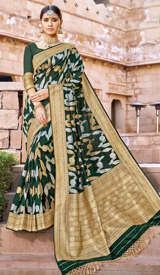 Dark Green Color Banarasi Silk Designer Traditional Wear Saree Blouse -804098150