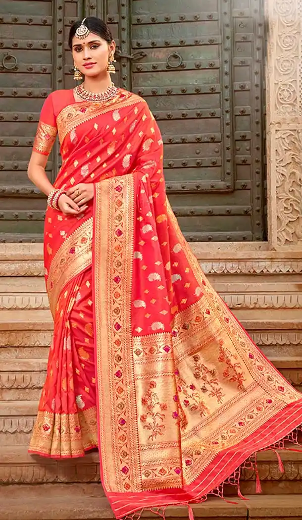 Tomato Red Color Silk Designer Traditional Wear Saree Blouse -804298164