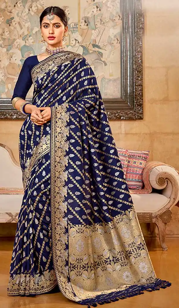 Navy Blue Color Silk jacquard Work Designer Traditional Wear Saree Blouse -804298173