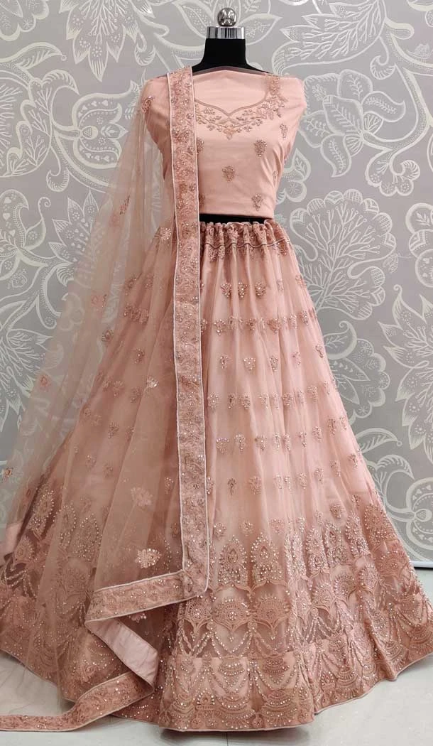 Light Peach Color Net Designer Traditional Wedding Wear Lehenga Choli -pf76416109