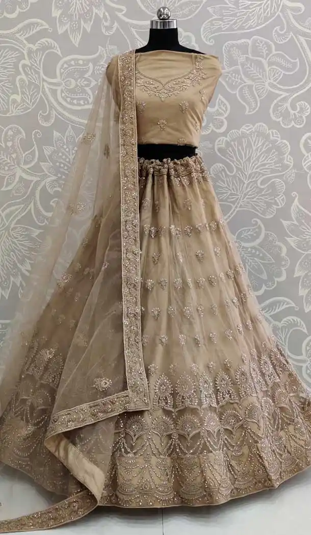 Melodic Beige Color Net Designer Traditional Wedding Wear Lehenga Choli -pf76416110