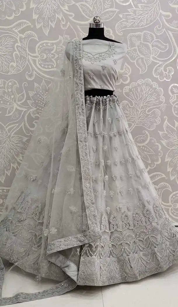 Luscious Grey Color Net Designer Traditional Wedding Wear Lehenga Choli -pf76416111