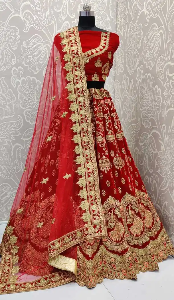 Exquisite Red Color Velvet Designer Traditional Wedding Wear Lehenga Choli -pf77857643