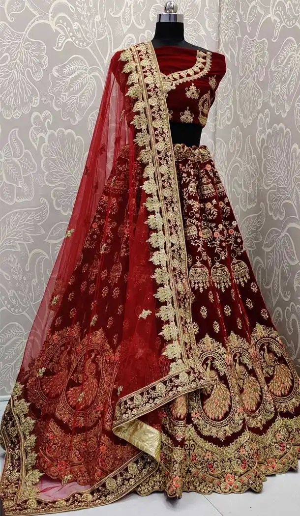 Maroon Color Velvet Designer Traditional Wedding Wear Lehenga Choli -pf77857644