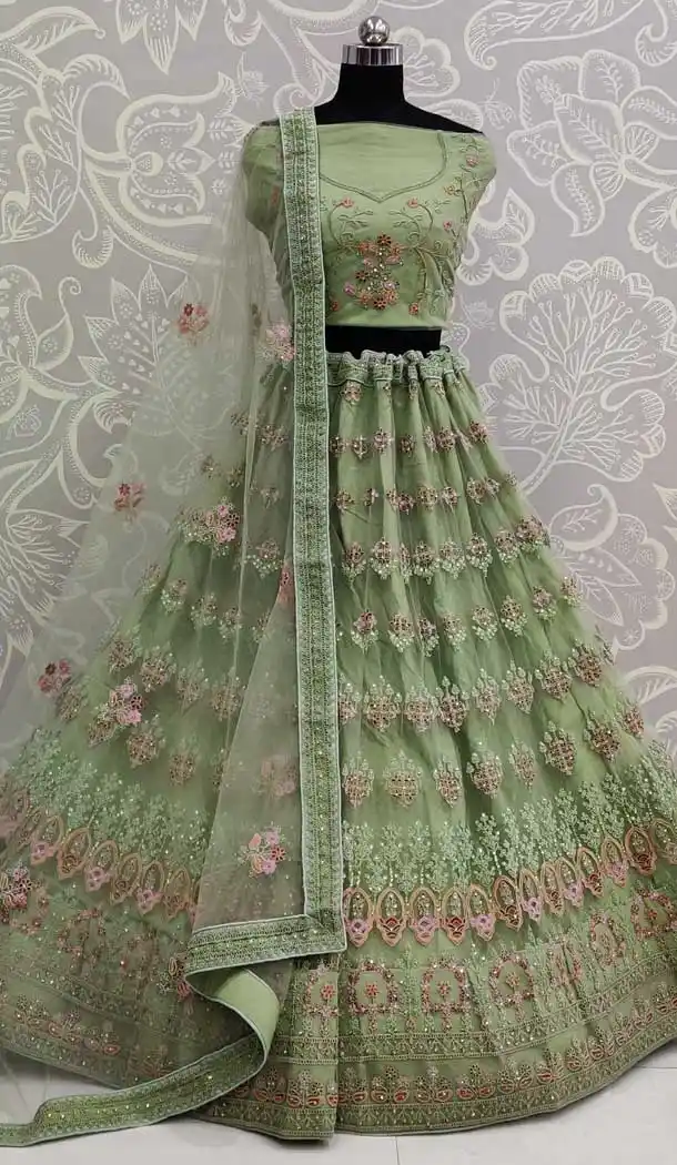 Green Color Net Designer Traditional Wedding Wear Lehenga Choli -pf77917690