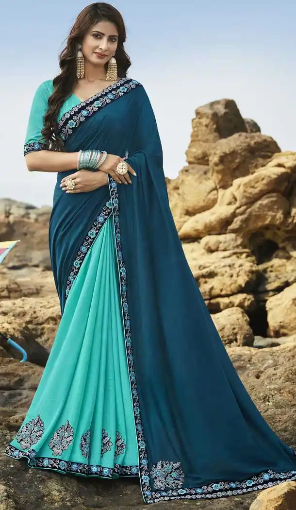 Turquoise Blue Color Soft Art Silk Designer Party Wear Saree Blouse -77757247