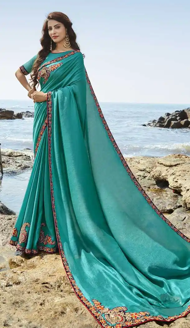 Turquoise Blue Color Soft Art Silk Designer Party Wear Saree Blouse -77757254