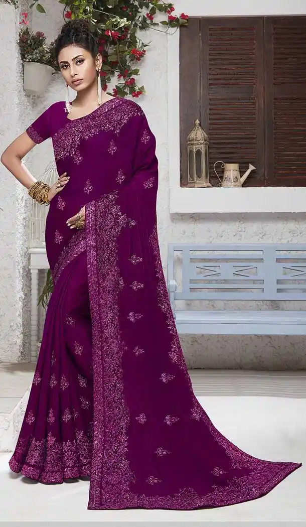 Purple Color Chiffon Embroidery Casual Party Wear Saree Blouse -77927696