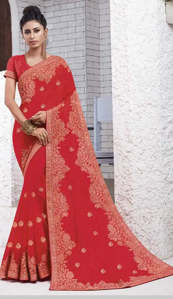 Crimson Red Color Chiffon Embroidery Casual Party Wear Saree Blouse -77927697
