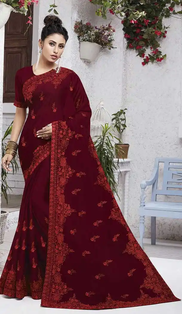 Maroon Color Chiffon Embroidery Casual Party Wear Saree Blouse -77927700