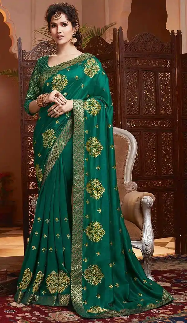 Sea Green Color Chiffon Embroidery Casual Office Party Wear Saree Blouse -78007770