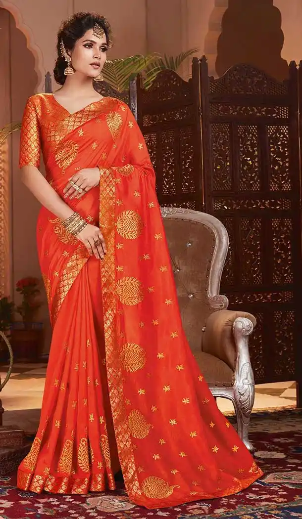 Orange Color Chiffon Embroidery Casual Office Party Wear Saree Blouse -78007771