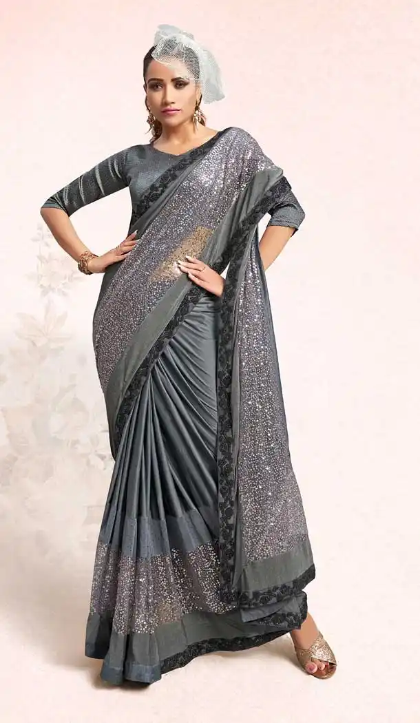 Alluring Grey Color Lycra Designer Party Wear Fancy Saree Blouse -804898214