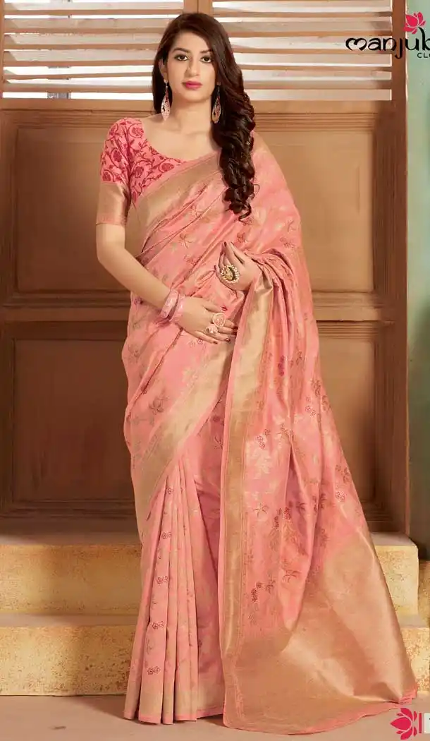 Vivacious Peach Color Silk Traditional Wear Designer Saree Blouse -805698345