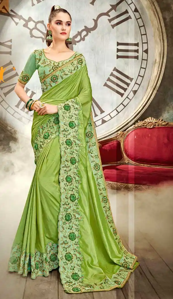 Light Green Color Vichitra Silk Designer Traditional Wear Saree Blouse -806298390