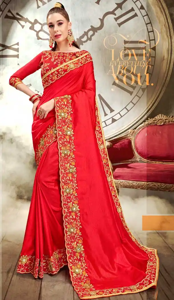 Red Color Vichitra Silk Designer Traditional Wear Saree Blouse -806298391
