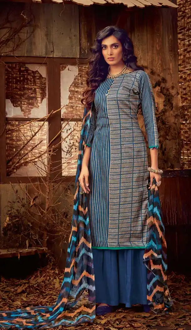Dark Blue Color Pure Zam Cotton Evening Party Wear Palazzo Suit -808098603