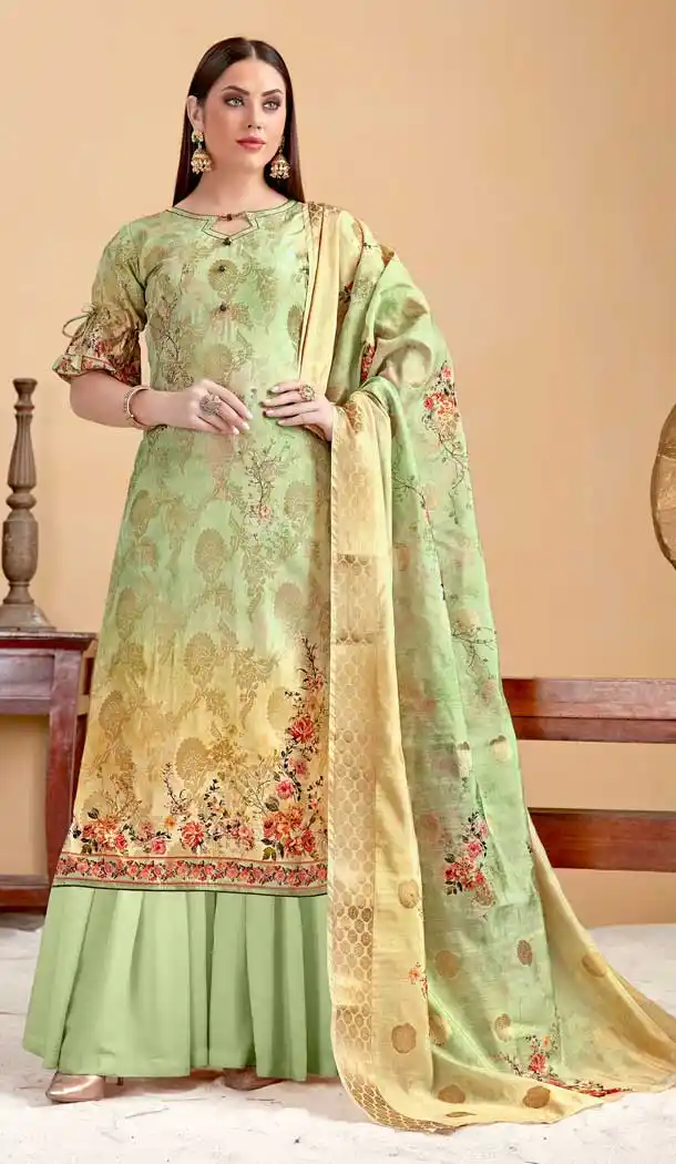 Light Green Color Banarasi Jacquard Evening Party Wear Plus Size Palazzo Suit -808198608