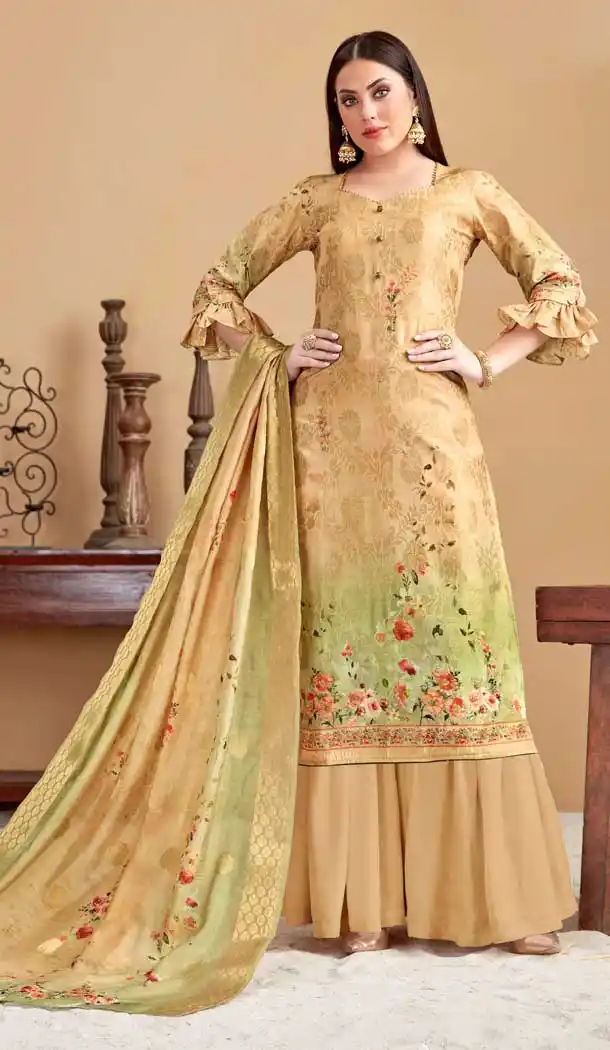 Cream Color Banarasi Jacquard Evening Party Wear Plus Size Palazzo Suit -808198610