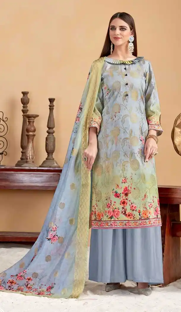 Steel Blue Color Banarasi Jacquard Evening Party Wear Plus Size Palazzo Suit -808198611