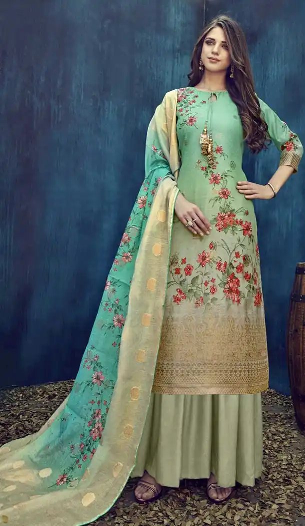 Sea Green Color Pure Banarasi Jacquard Casual Party Wear Palazzo Suit -808298619