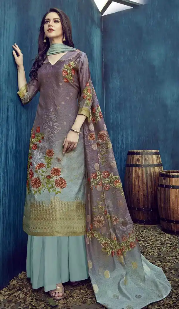 Grey Color Pure Banarasi Jacquard Casual Party Wear Palazzo Suit -808298620