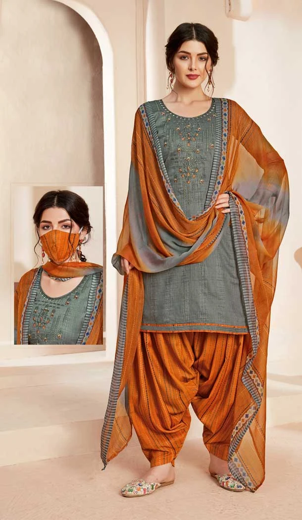 Grey Color Pure Jam Cotton Casual Wear Punjabi Patiala Suit -808598642