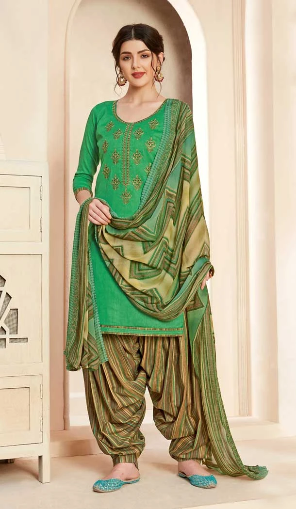 Green Color Pure Jam Cotton Casual Wear Punjabi Patiala Suit -808598643