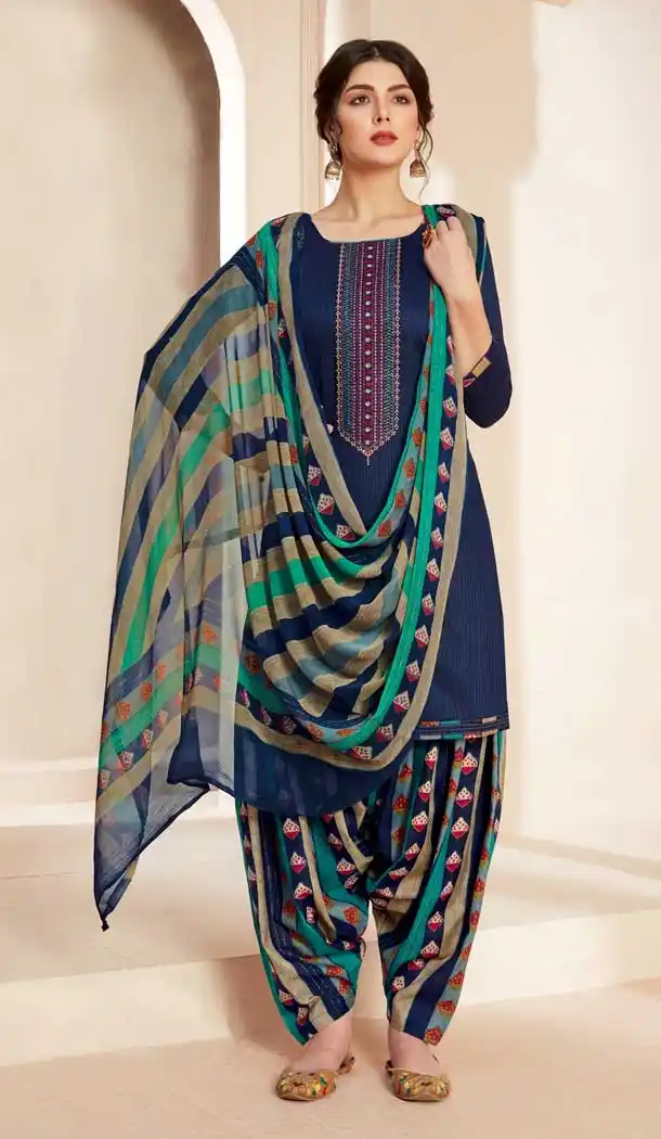 Navy Blue Color Pure Jam Cotton Casual Wear Punjabi Patiala Suit -808598644