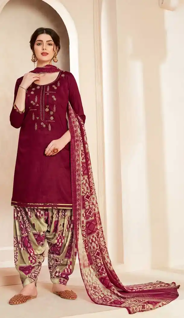 Maroon Color Pure Jam Cotton Casual Wear Punjabi Patiala Suit -808598647