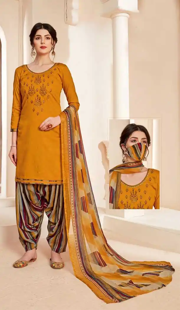 Musterd Color Pure Jam Cotton Casual Wear Punjabi Patiala Suit -808598648