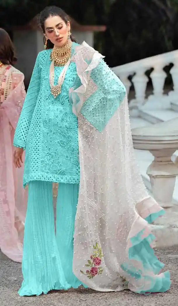 Sky Blue Color Cambric Cotton Casual Wear Pakistani Sharara Suit -810098817