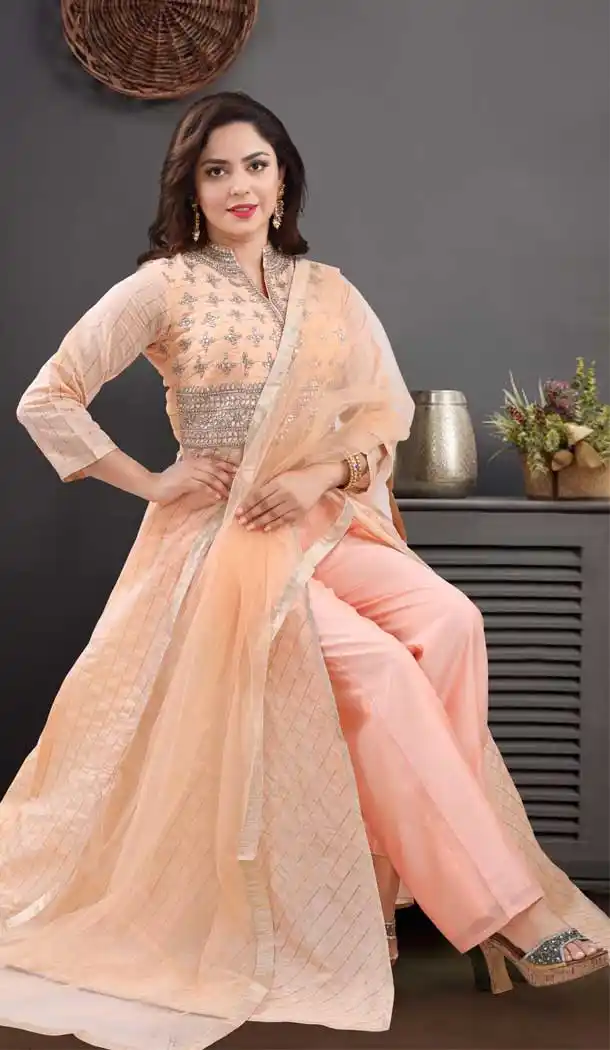 Peach Color Chanderi Heavy Designer Readymade Salwat Suit -810298827