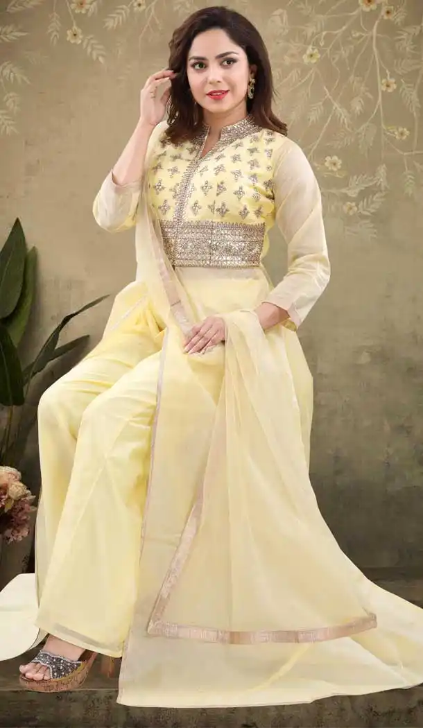 Yellow Color Chanderi Heavy Designer Readymade Salwat Suit -810298828