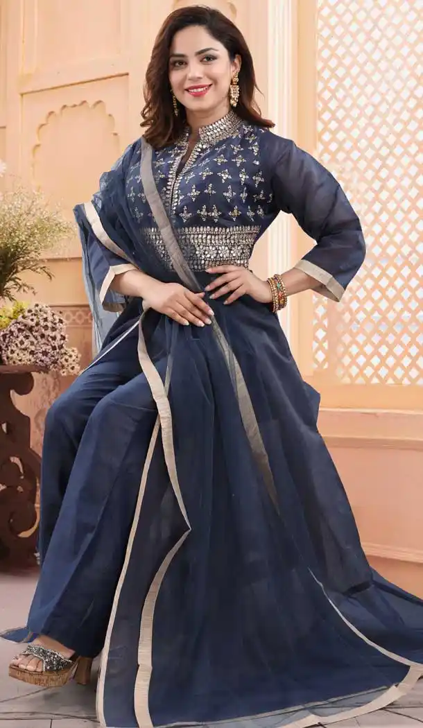 Dark Blue Color Chanderi Heavy Designer Readymade Salwat Suit -810298829
