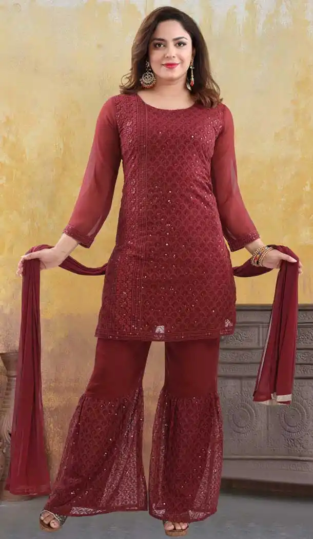 Maroon Color Georgette Heavy Designer Readymade Salwat Suit -810298834